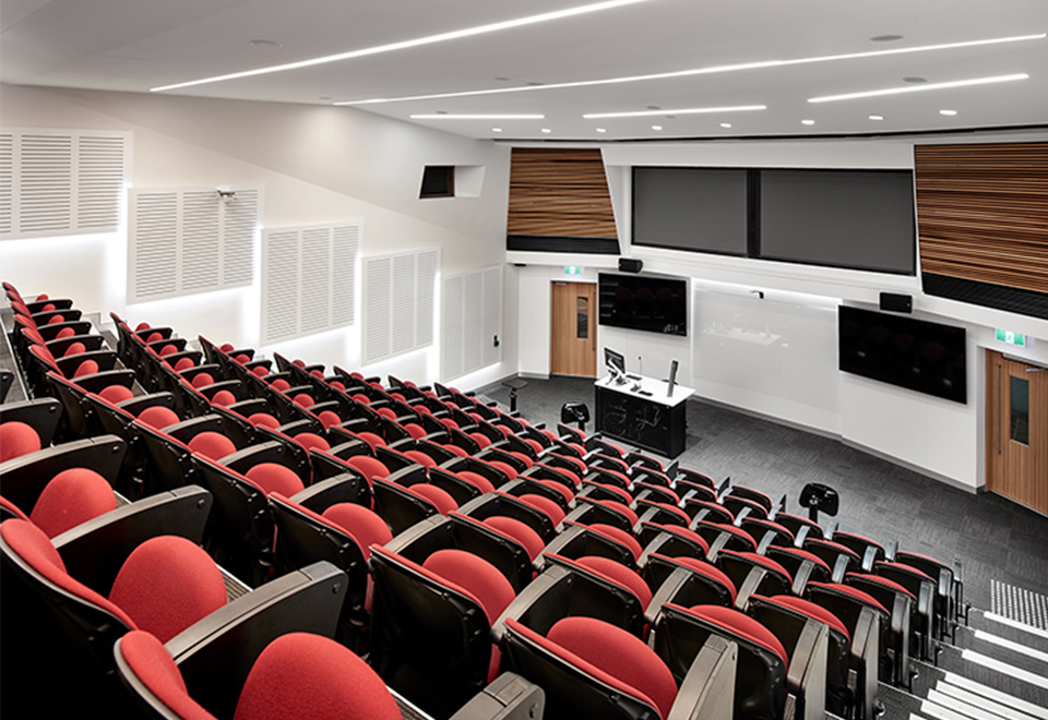 Lecture Conference Theatre with Audio Visual Technology including a projector, projections screen, LED Displays, Lecture and microphones