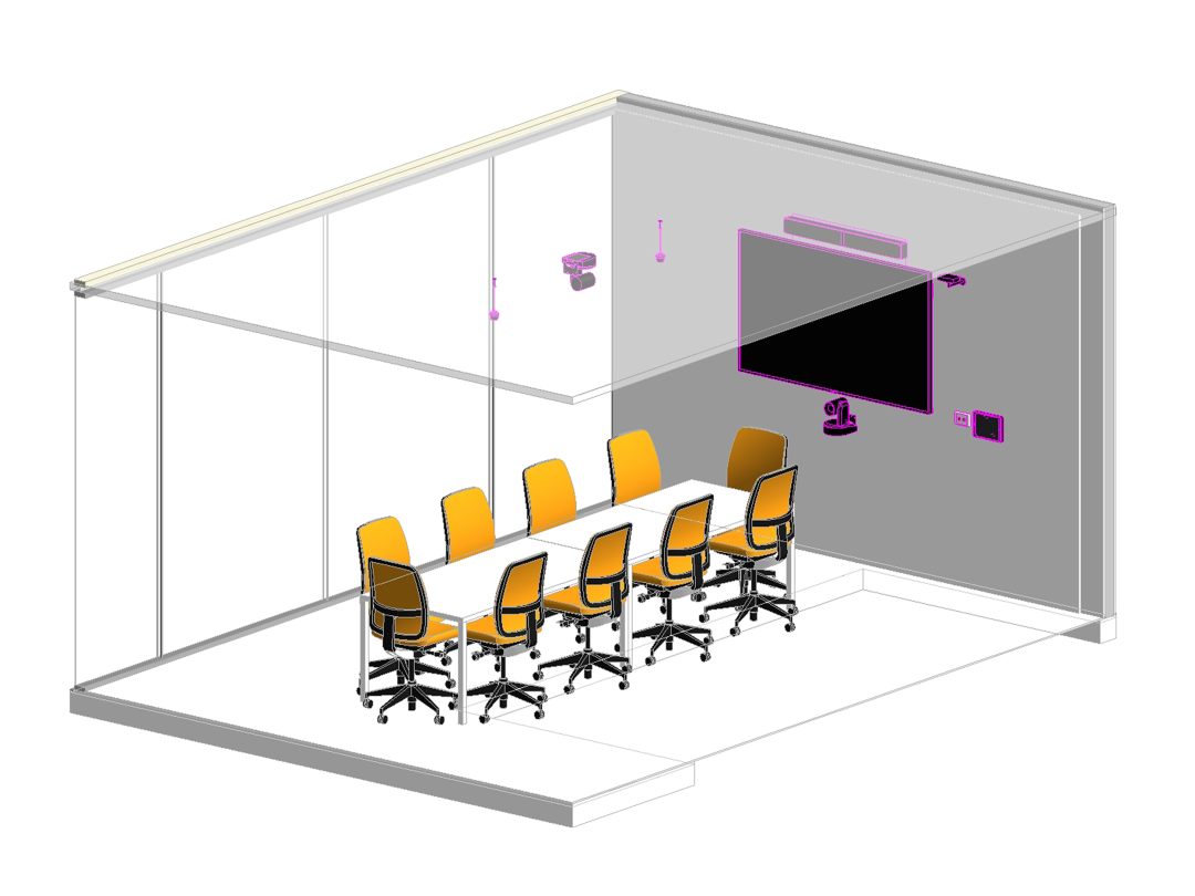 Isometric drawing of a boardroom audio visual technology with video conferencing including a camera, touch panel control, LED Display, Microphone and Speakers